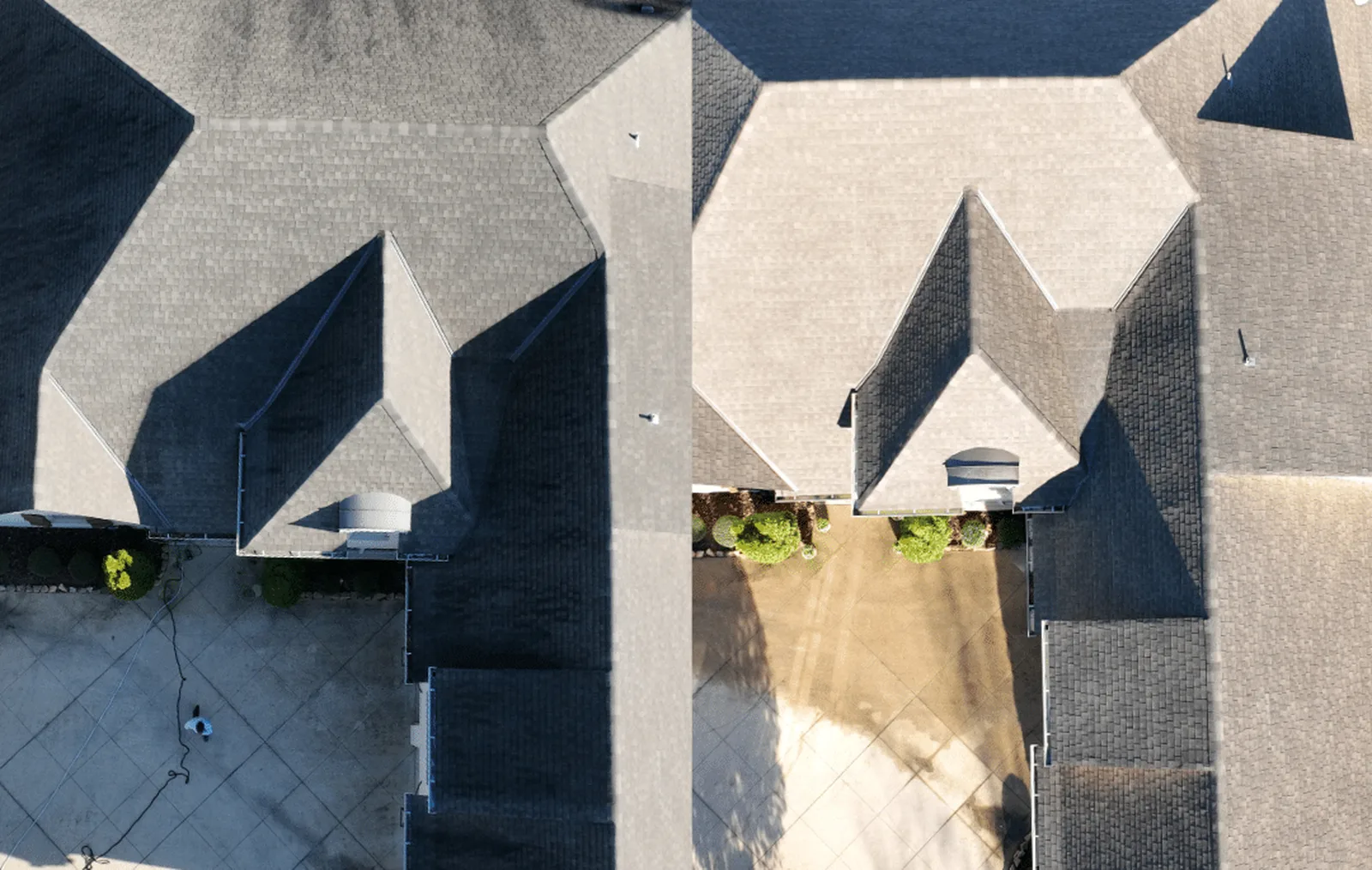 A single aerial frame of one roof split down the middle: untreated shingles on the left, treated on the right